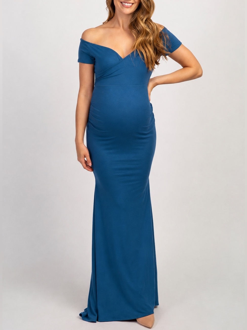 PinkBlush Maternity Off-the-Shoulder Ruched Mermaid Maxi Dress Blue Photoshoot S